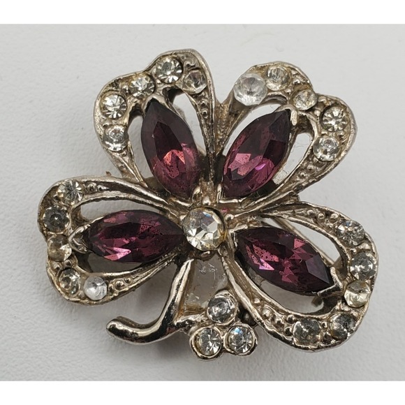 The Unbranded Brand Jewelry - Vtg Silver Tone Purple Rhinestones 4 Leaf Clover Brooch